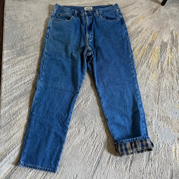 LL Bean jeans fleece lined plaid cotton classic fit 37 X 30 - Picture 1 of 9